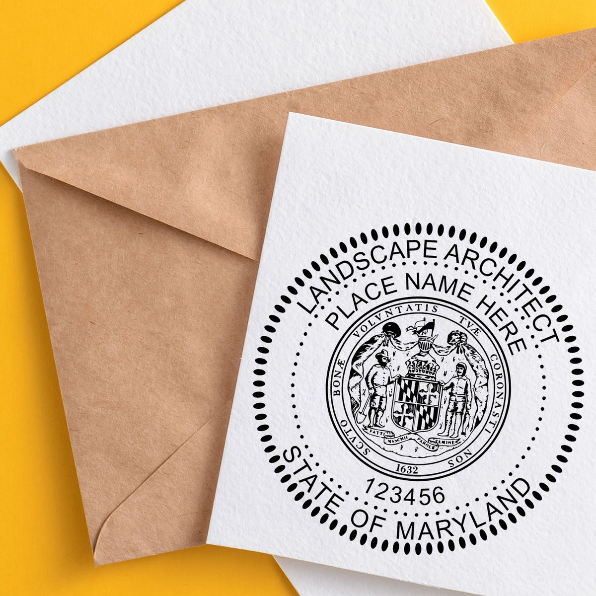 This paper is stamped with a sample imprint of the Premium MaxLight Pre-Inked Maryland Landscape Architects Stamp, signifying its quality and reliability.