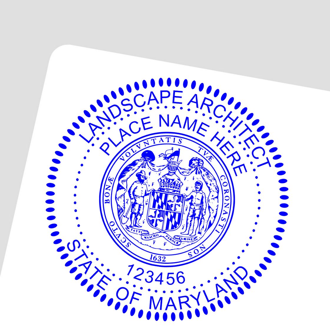 Another Example of a stamped impression of the Slim Pre-Inked Maryland Landscape Architect Seal Stamp on a piece of office paper.