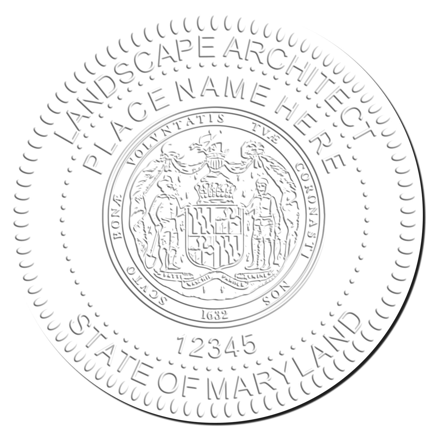 This paper is stamped with a sample imprint of the Maryland Desk Landscape Architectural Seal Embosser, signifying its quality and reliability.