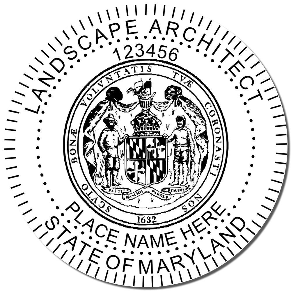 An alternative view of the Digital Maryland Landscape Architect Stamp stamped on a sheet of paper showing the image in use