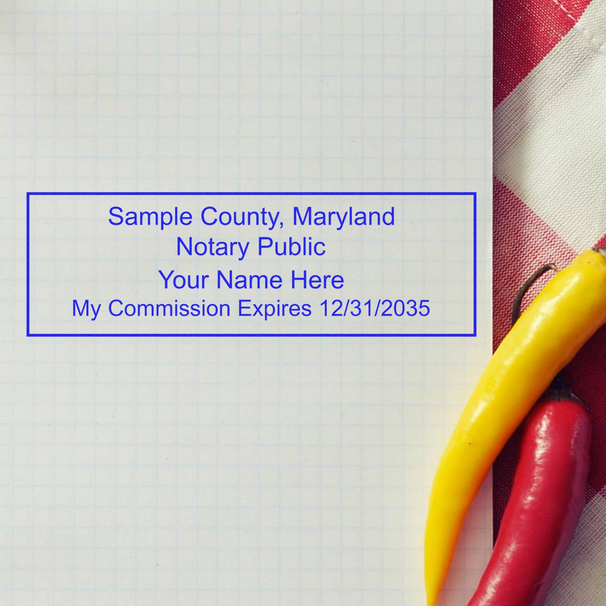 This paper is stamped with a sample imprint of the Slim Pre-Inked Rectangular Notary Stamp for Maryland, signifying its quality and reliability.