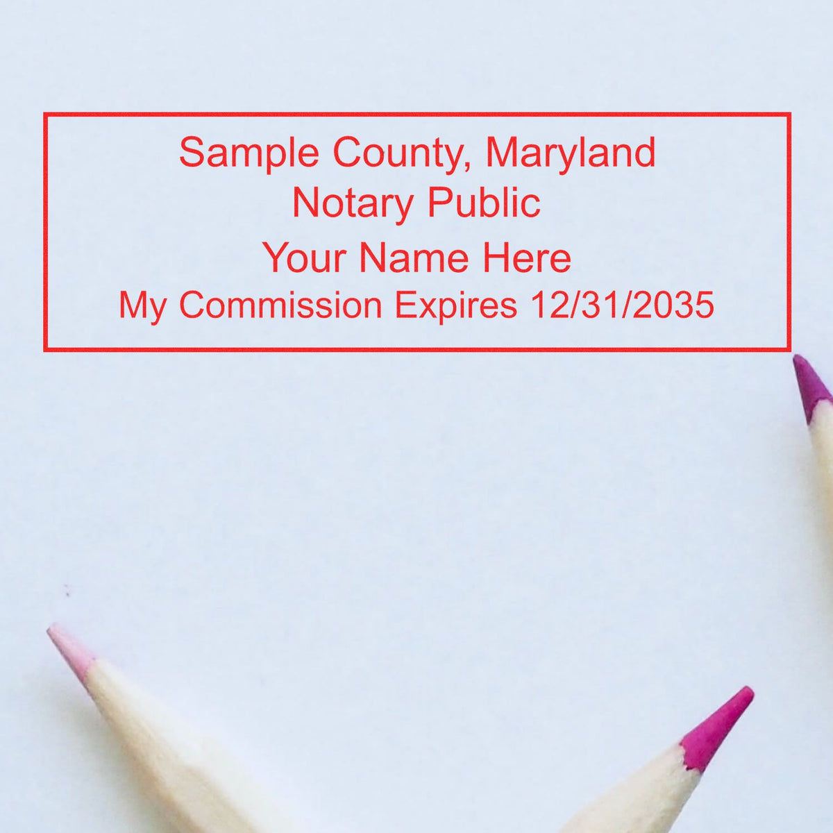 The Heavy-Duty Maryland Rectangular Notary Stamp stamp impression comes to life with a crisp, detailed photo on paper - showcasing true professional quality.