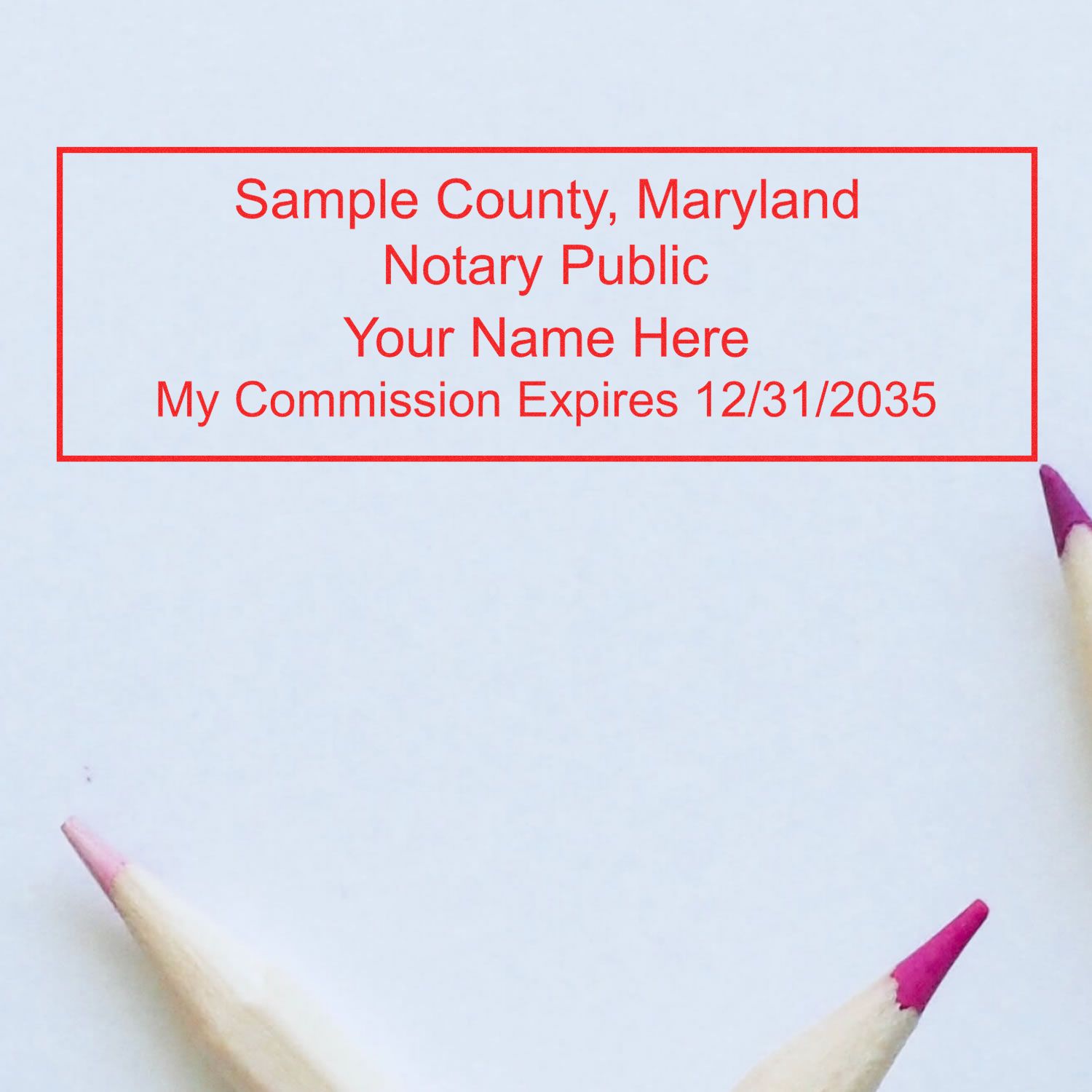 A photograph of the Maryland Rectangular Digital Notary Seal stamp impression reveals a vivid, professional image of the on paper.