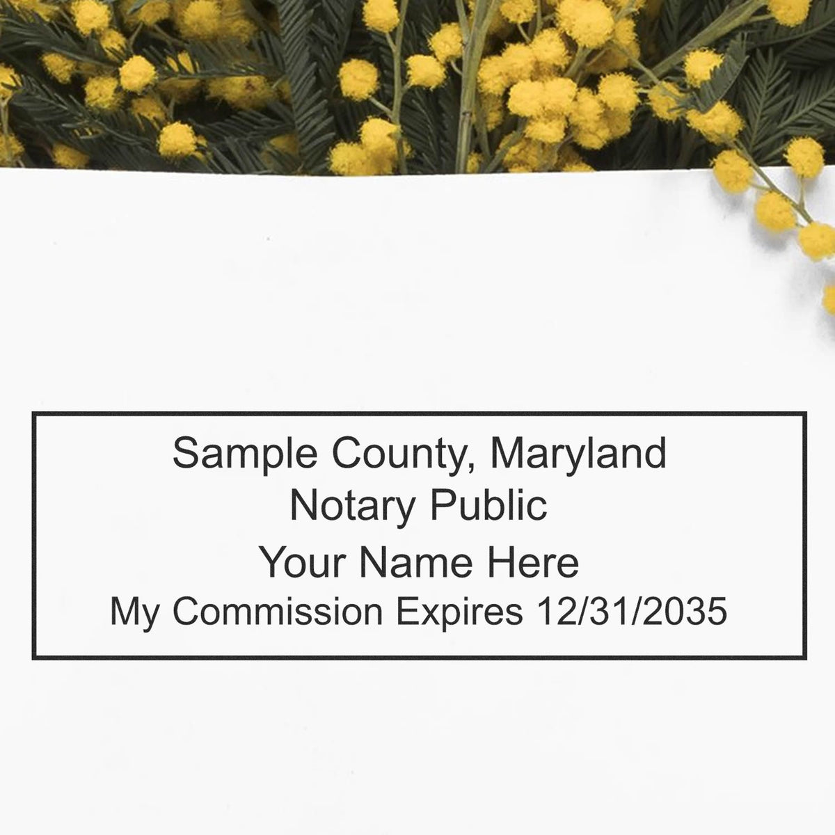 A lifestyle photo showing a stamped image of the Heavy-Duty Maryland Rectangular Notary Stamp on a piece of paper