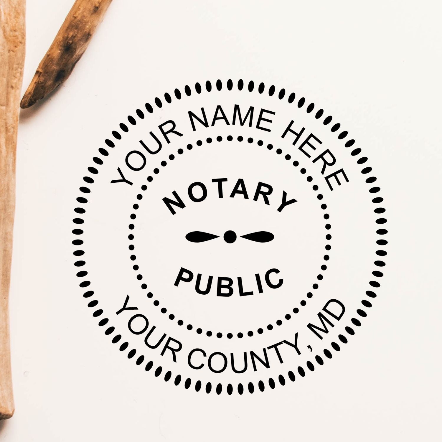 A lifestyle photo showing a stamped image of the Round Maryland Notary Public Seal Stamp on a piece of paper