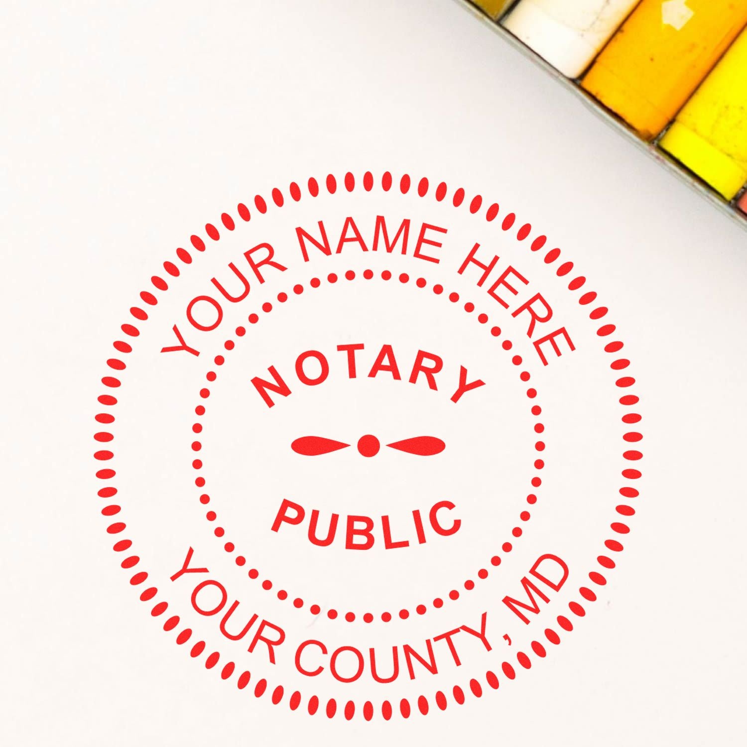 Round Maryland Notary Public Seal Stamp in use photo showing a stamped imprint of the Round Maryland Notary Public Seal Stamp