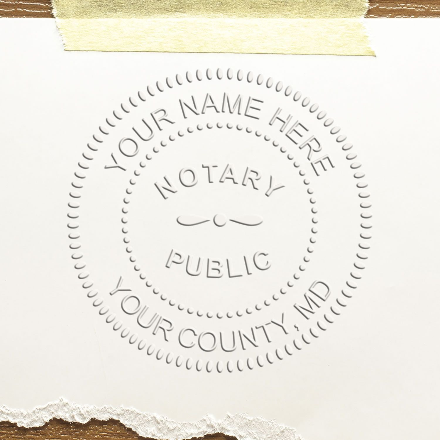 A photograph of the Maryland Desk Notary Public Seal stamp impression reveals a vivid, professional image of the on paper.