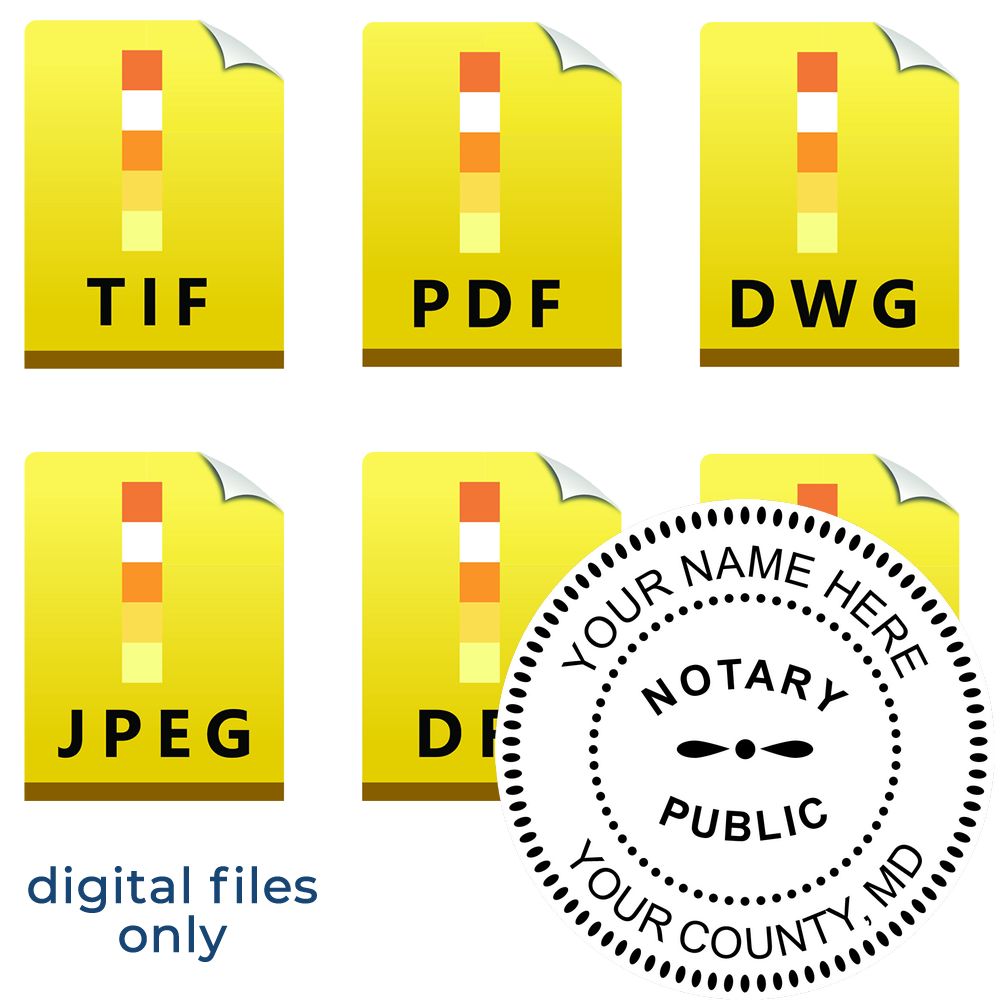 The main image for the Maryland Round Electronic Notary Stamp depicting a sample of the imprint and electronic files