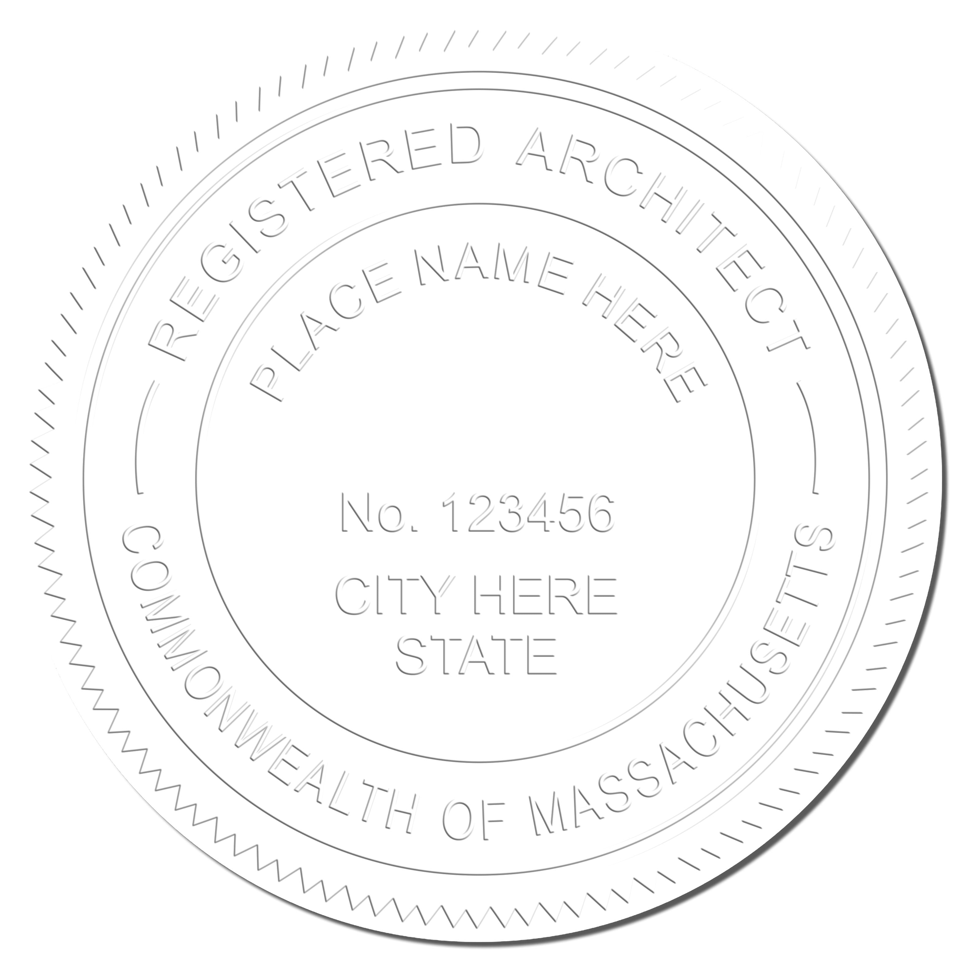 A photograph of the Handheld Massachusetts Architect Seal Embosser stamp impression reveals a vivid, professional image of the on paper.