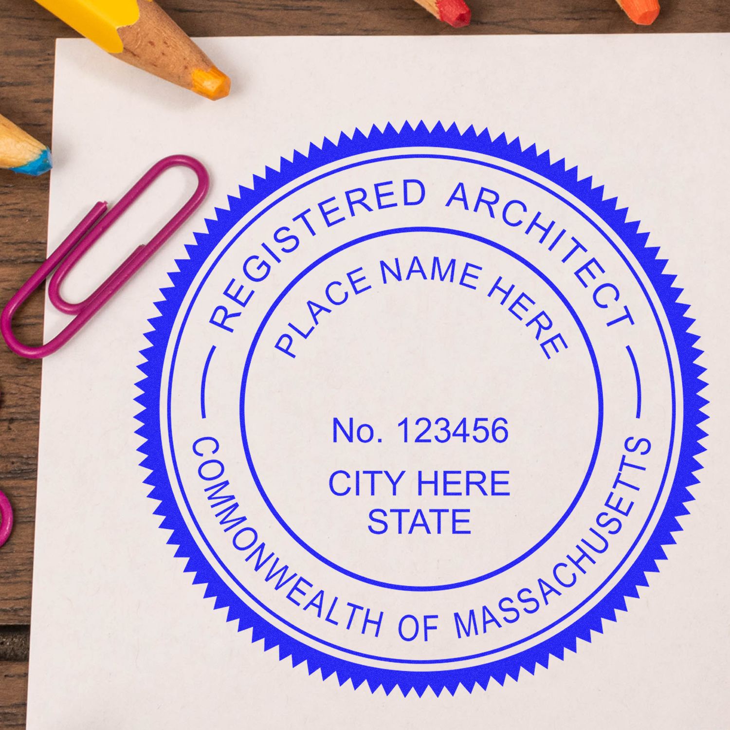 Digital Massachusetts Architect Stamp, Electronic Seal for Massachusetts Architect, displayed on a white paper with colorful stationery.