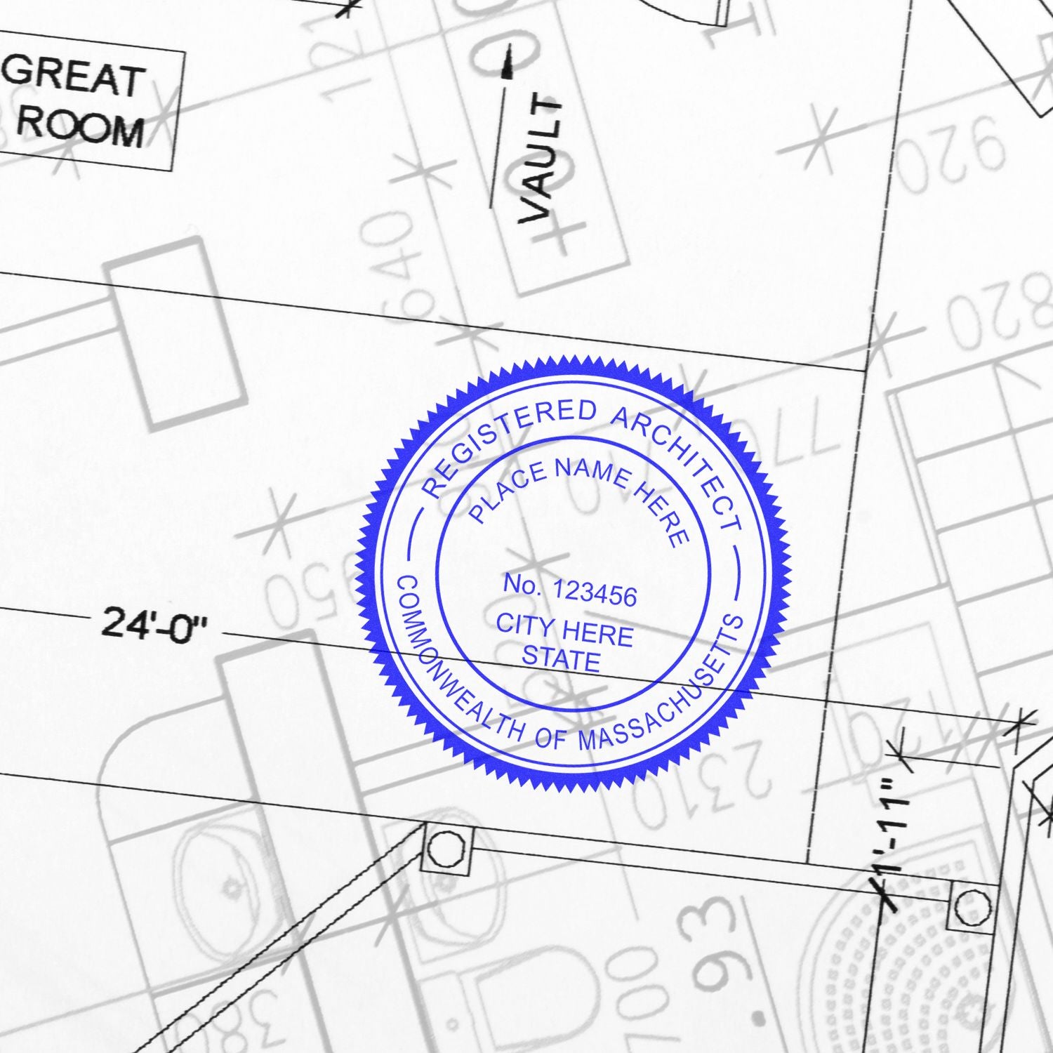 Massachusetts Architect Seal Stamp in blue ink on architectural blueprint with various measurements and room labels visible.