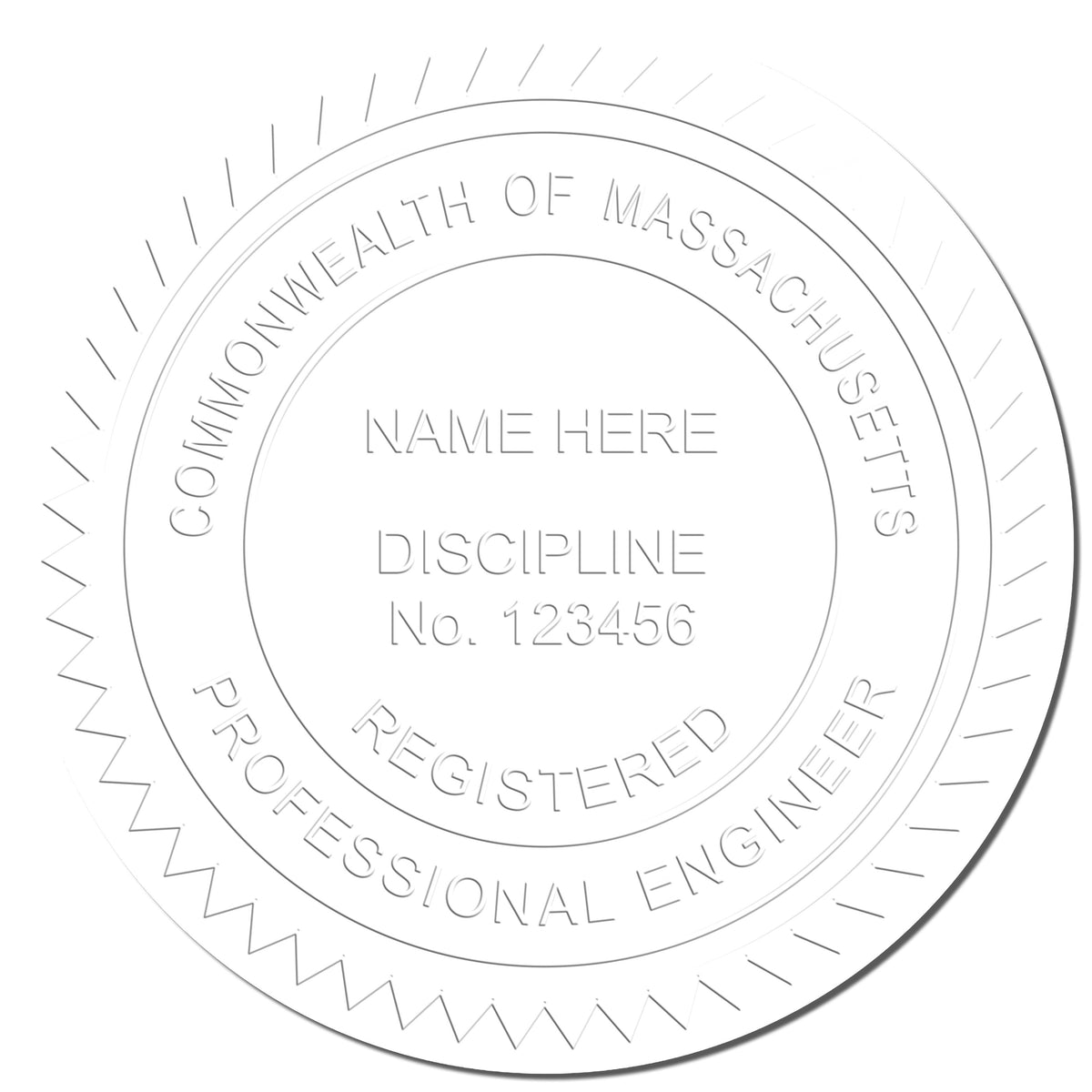 A photograph of the Handheld Massachusetts Professional Engineer Embosser stamp impression reveals a vivid, professional image of the on paper.