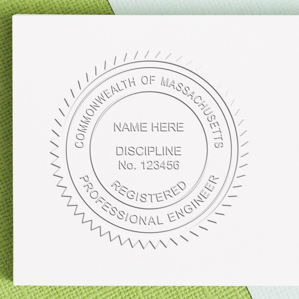 The Gift Massachusetts Engineer Seal stamp impression comes to life with a crisp, detailed image stamped on paper - showcasing true professional quality.