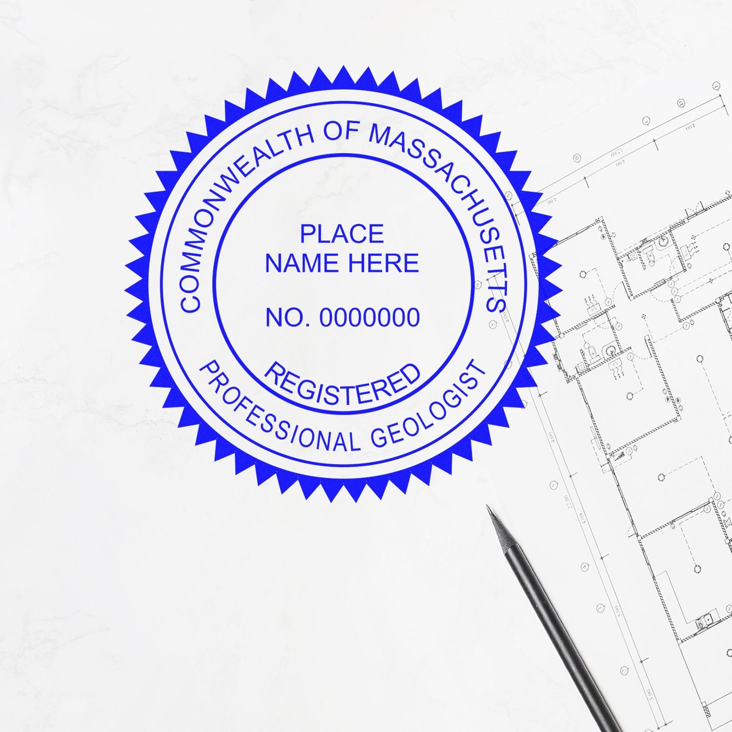 An alternative view of the Slim Pre-Inked Massachusetts Professional Geologist Seal Stamp stamped on a sheet of paper showing the image in use