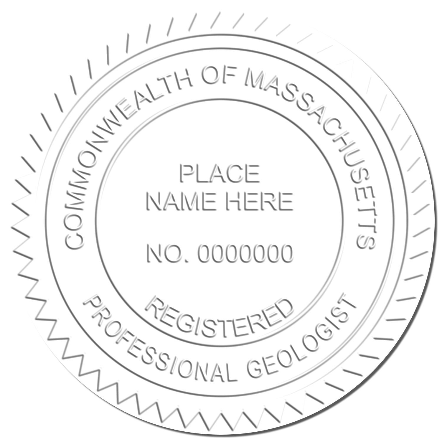 This paper is stamped with a sample imprint of the Handheld Massachusetts Professional Geologist Embosser, signifying its quality and reliability.