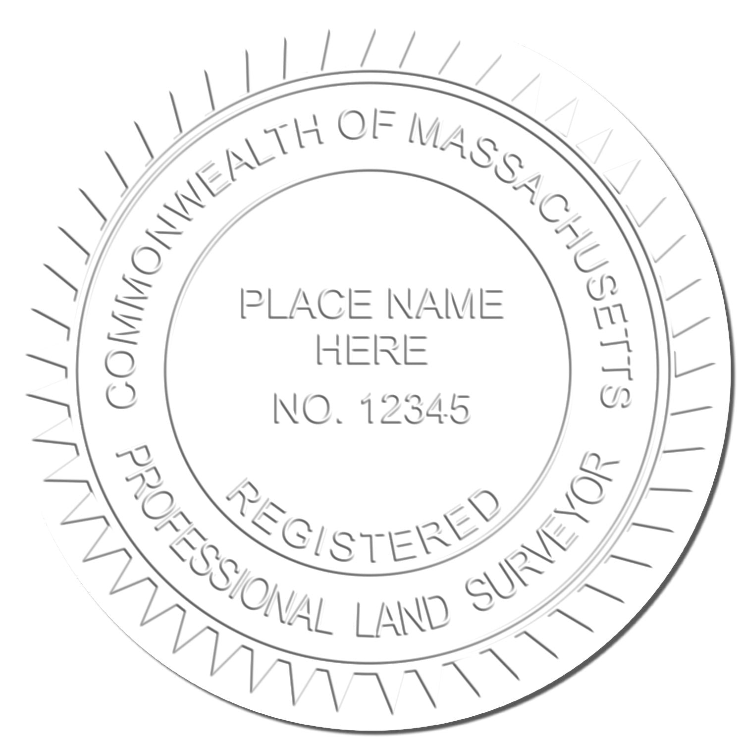 The main image for the Long Reach Massachusetts Land Surveyor Seal depicting a sample of the imprint and electronic files