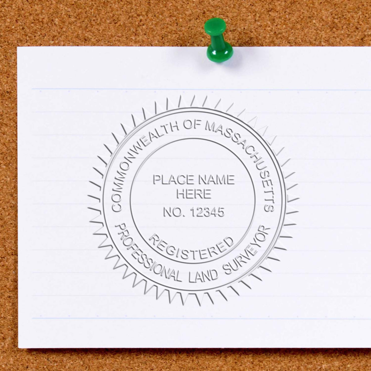 An in use photo of the Gift Massachusetts Land Surveyor Seal showing a sample imprint on a cardstock