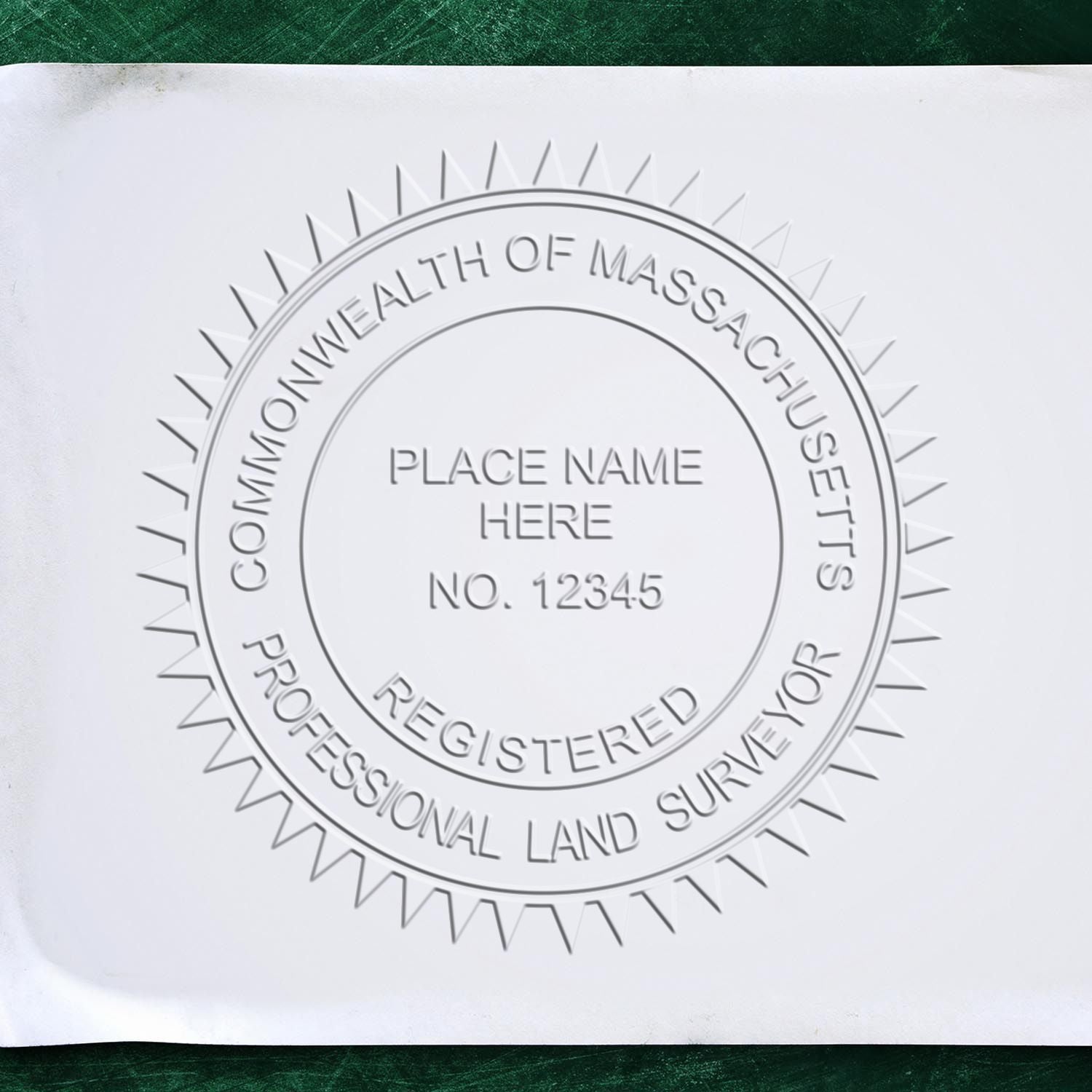 The main image for the Handheld Massachusetts Land Surveyor Seal depicting a sample of the imprint and electronic files