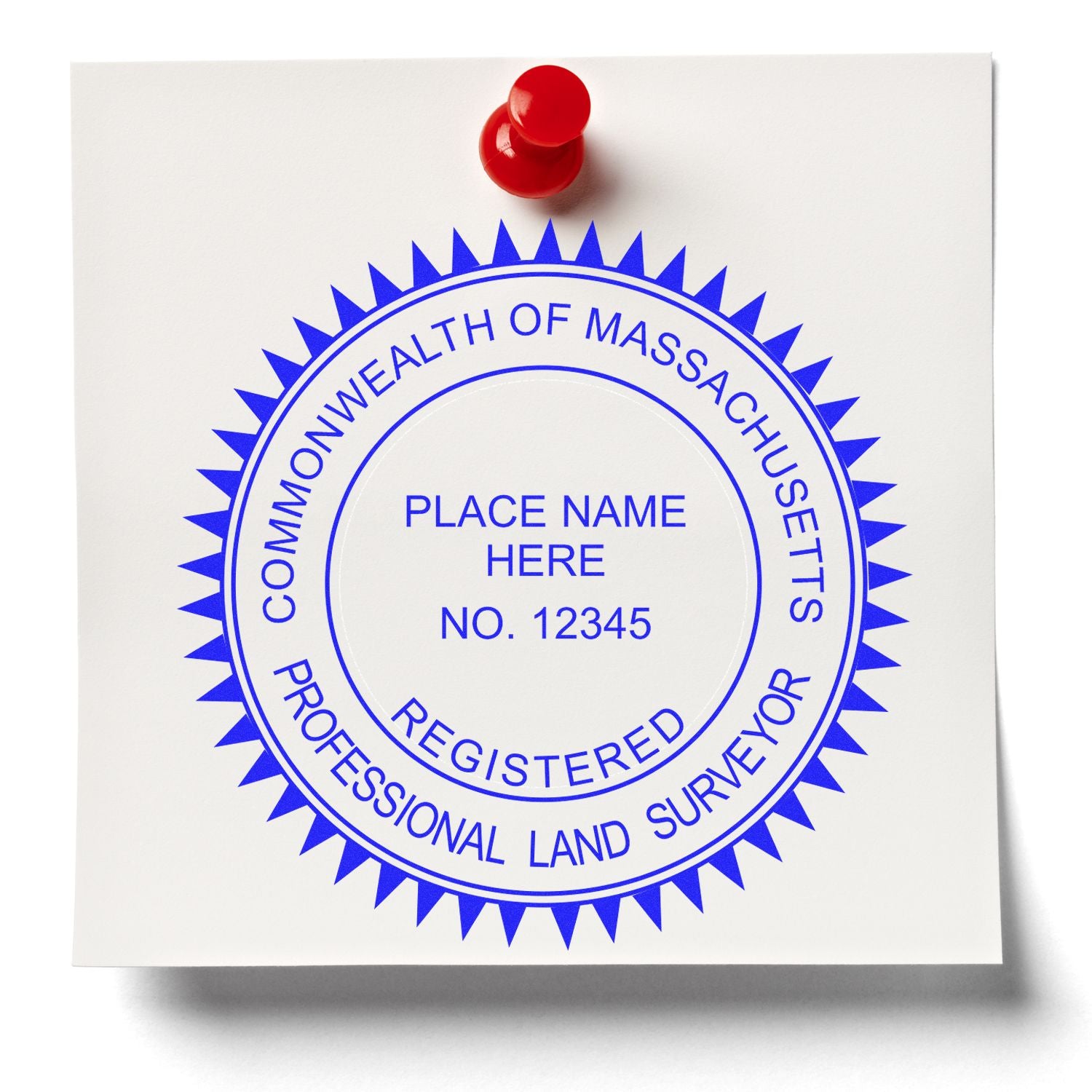 Massachusetts Land Surveyor Seal Stamp, MA PLS Stamp, blue ink on white paper pinned with a red pushpin.