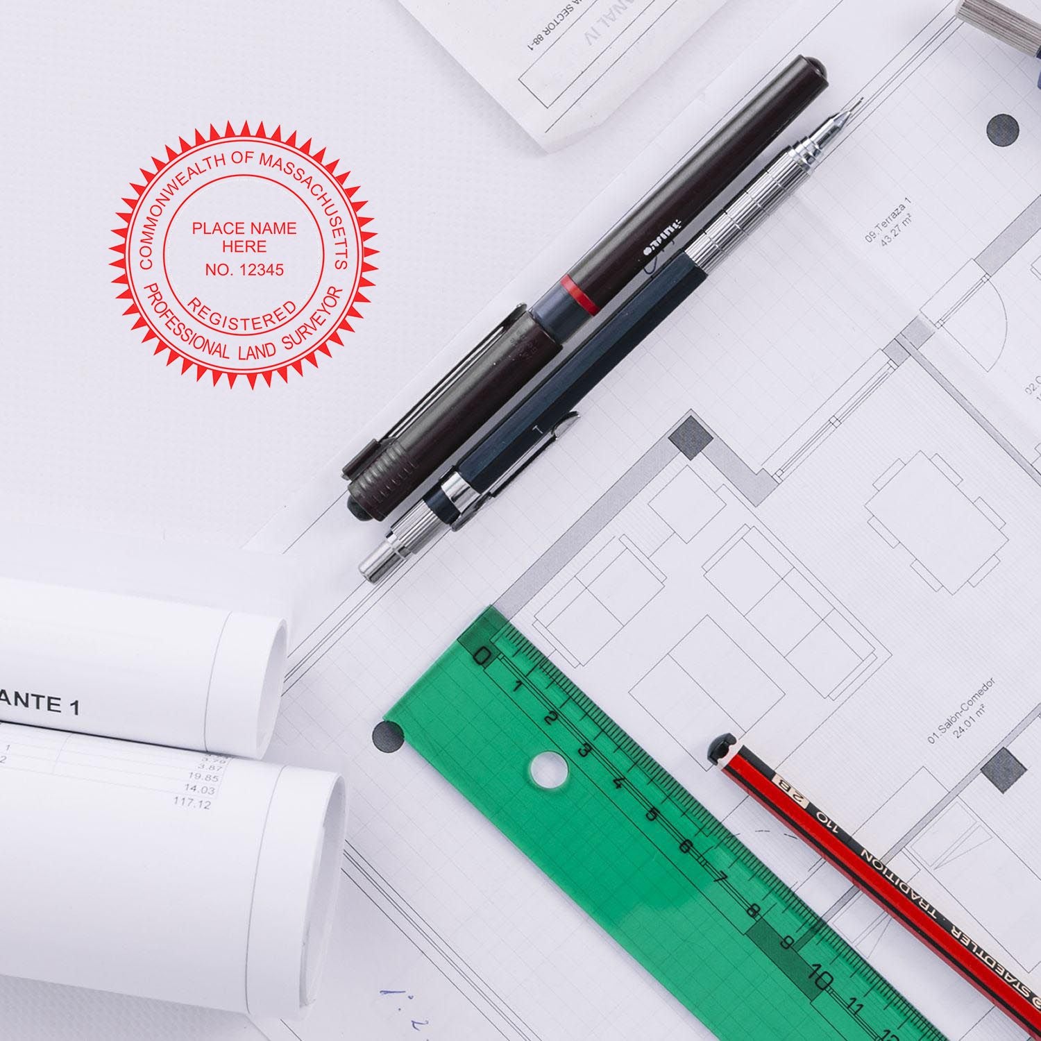 Massachusetts Land Surveyor Seal Stamp on architectural plans with pens, ruler, and rolled blueprints.