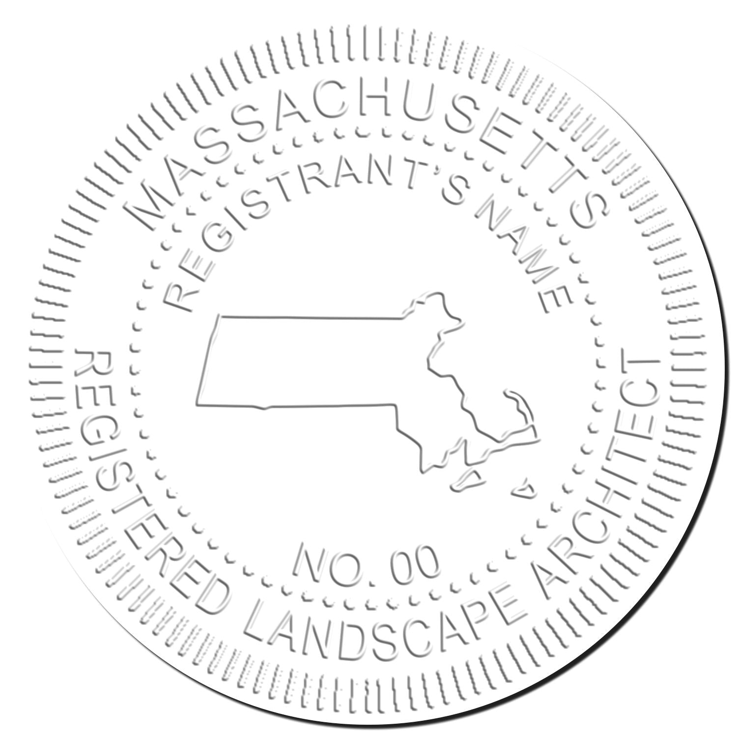 This paper is stamped with a sample imprint of the Heavy Duty Massachusetts Landscape Architect Cast Iron Embosser, signifying its quality and reliability.