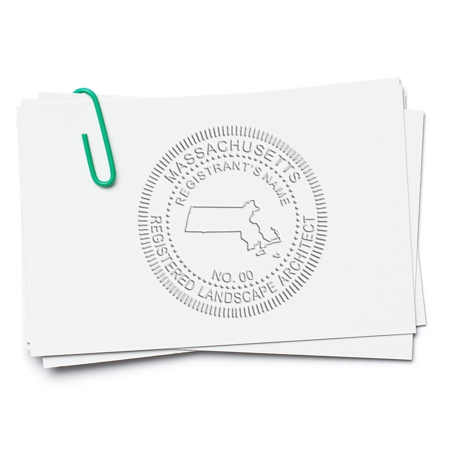 A lifestyle photo showing a stamped image of the State of Massachusetts Extended Long Reach Landscape Architect Seal Embosser on a piece of paper