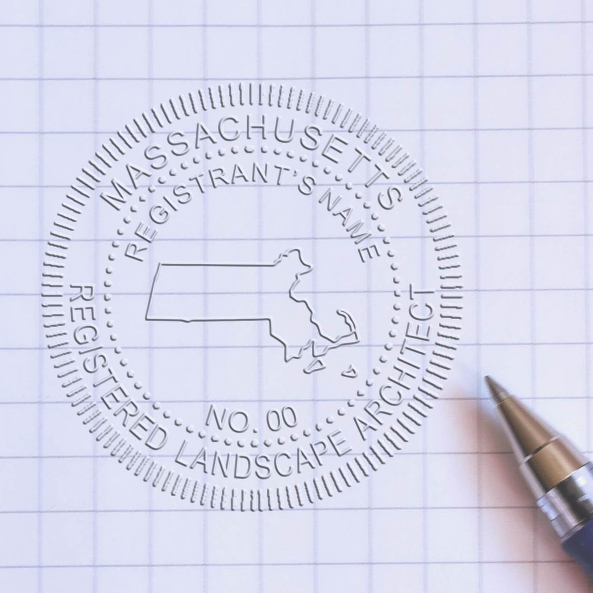 A photograph of the Hybrid Massachusetts Landscape Architect Seal stamp impression reveals a vivid, professional image of the on paper.