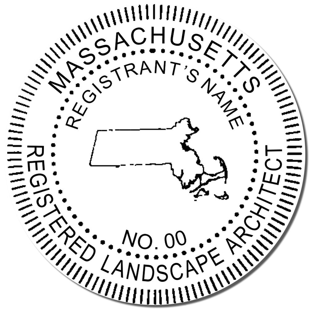 A lifestyle photo showing a stamped image of the Slim Pre-Inked Massachusetts Landscape Architect Seal Stamp on a piece of paper