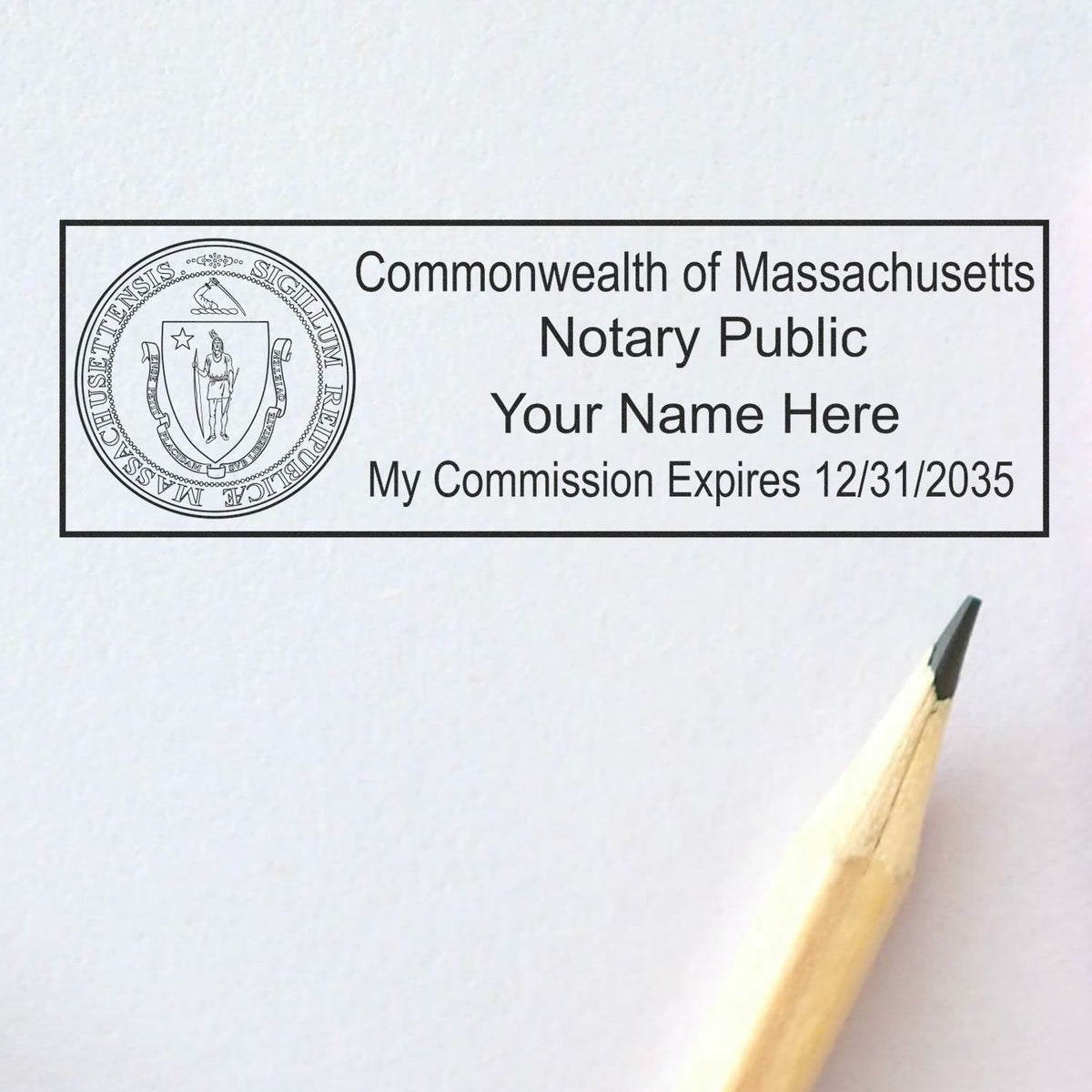 An alternative view of the MaxLight Premium Pre-Inked Massachusetts State Seal Notarial Stamp stamped on a sheet of paper showing the image in use