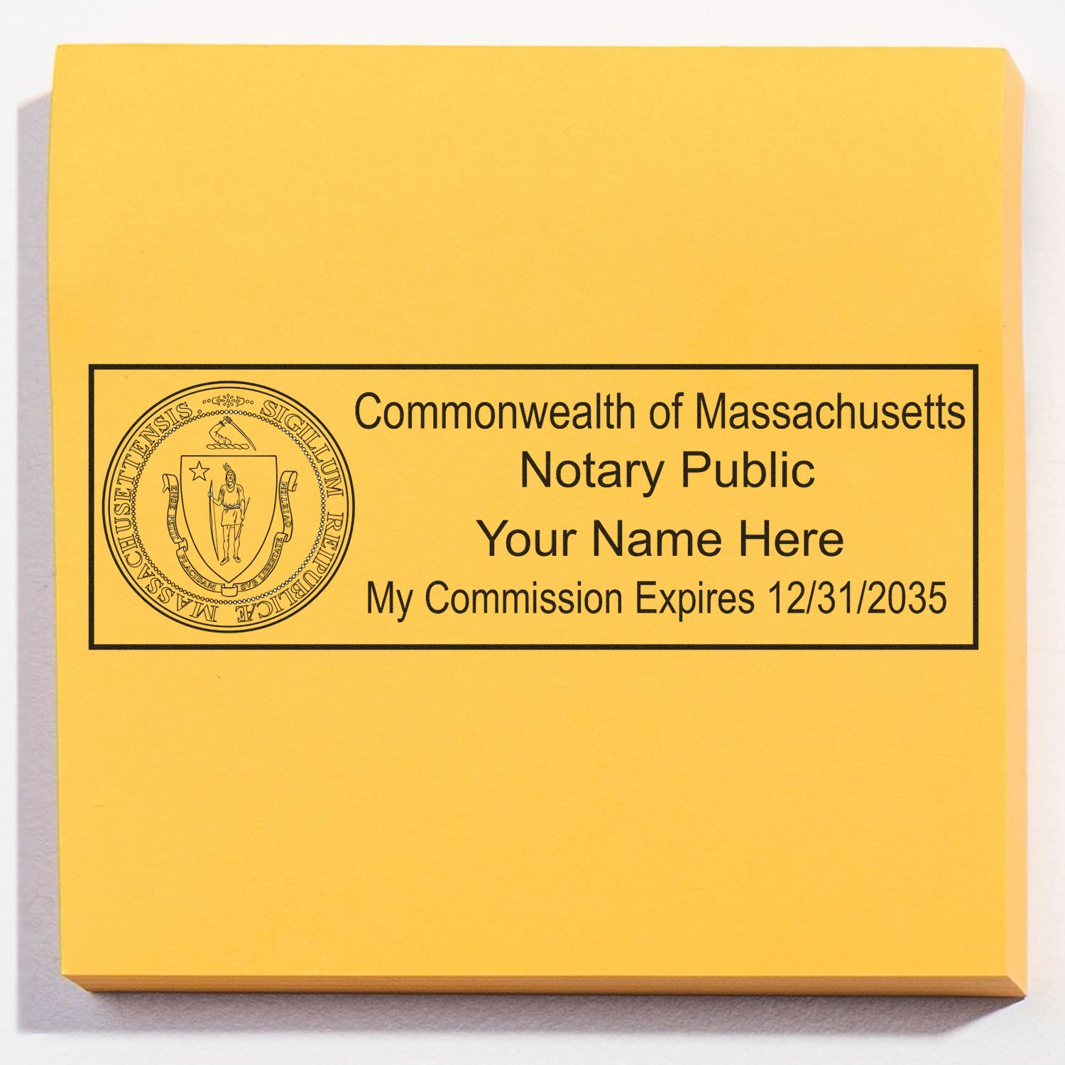 The main image for the Wooden Handle Massachusetts State Seal Notary Public Stamp depicting a sample of the imprint and electronic files