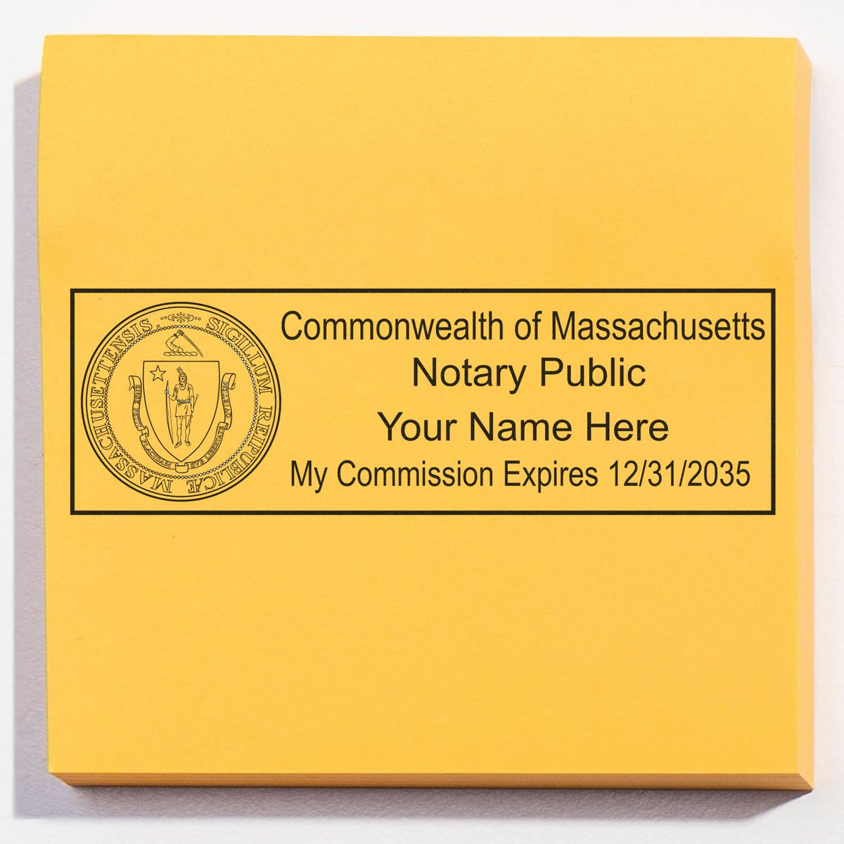 A lifestyle photo showing a stamped image of the Heavy-Duty Massachusetts Rectangular Notary Stamp on a piece of paper
