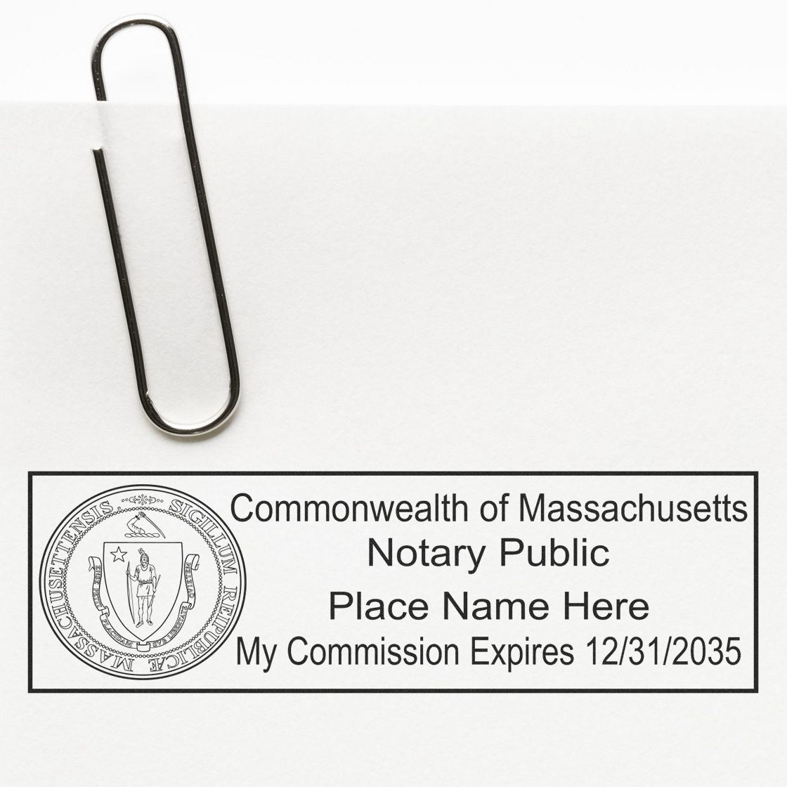 A photograph of the Wooden Handle Massachusetts State Seal Notary Public Stamp stamp impression reveals a vivid, professional image of the on paper.