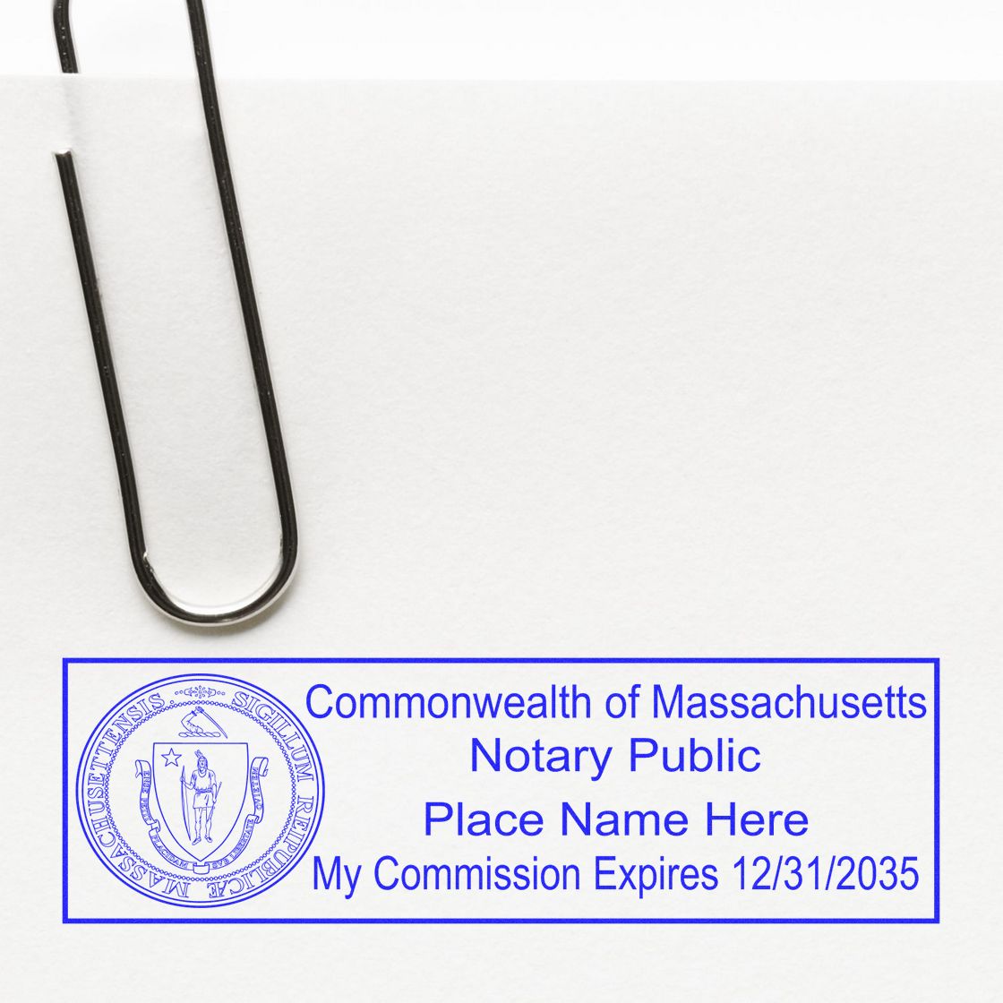 The Massachusetts Rectangular Digital Notary Seal stamp impression comes to life with a crisp, detailed photo on paper - showcasing true professional quality.