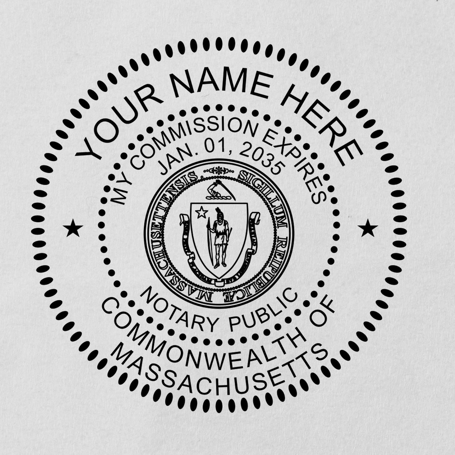 A lifestyle photo showing a stamped image of the Round Massachusetts Notary Public Seal Stamp on a piece of paper