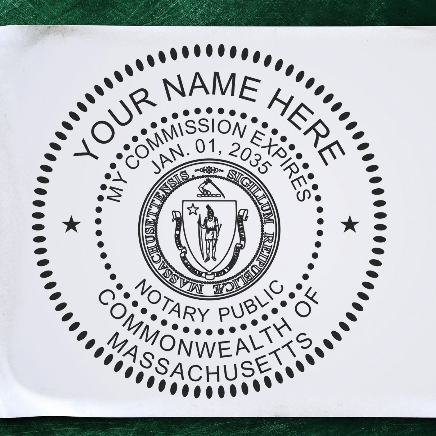 This paper is stamped with a sample imprint of the Round Massachusetts Notary Public Seal Stamp, signifying its quality and reliability.