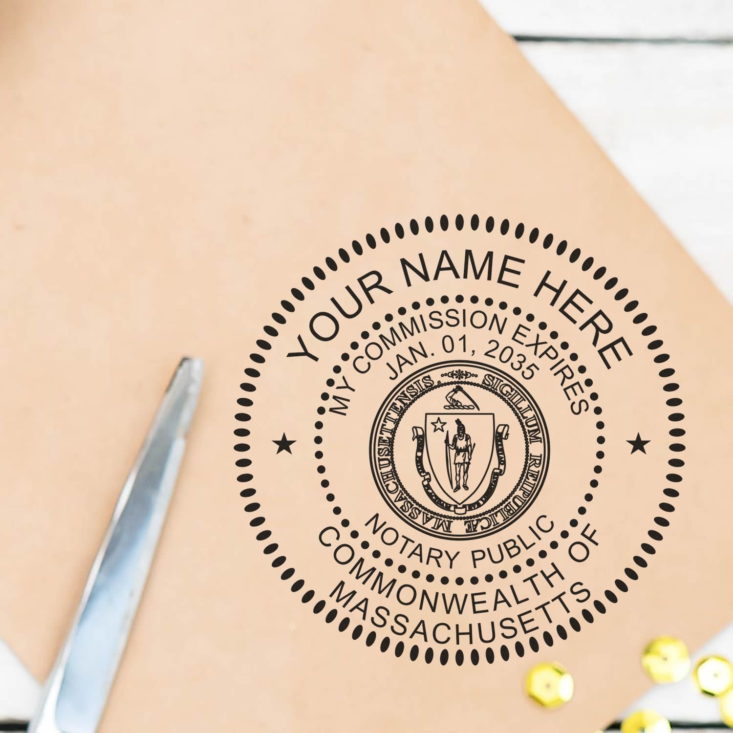 A stamped impression of the Slim Pre-Inked Round Notary Stamp for Massachusetts in this stylish lifestyle photo, setting the tone for a unique and personalized product.