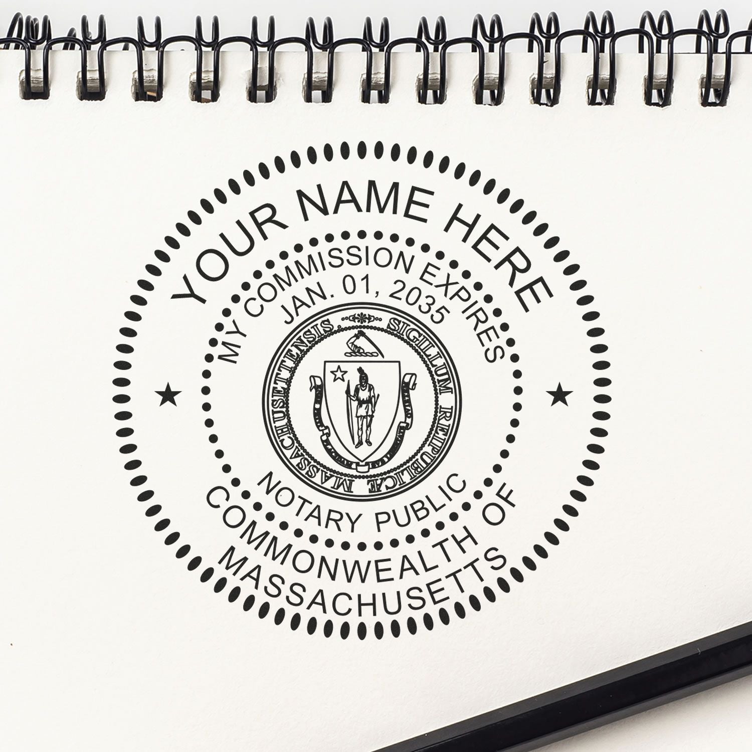 A photograph of the Round Massachusetts Notary Public Seal Stamp stamp impression reveals a vivid, professional image of the on paper.