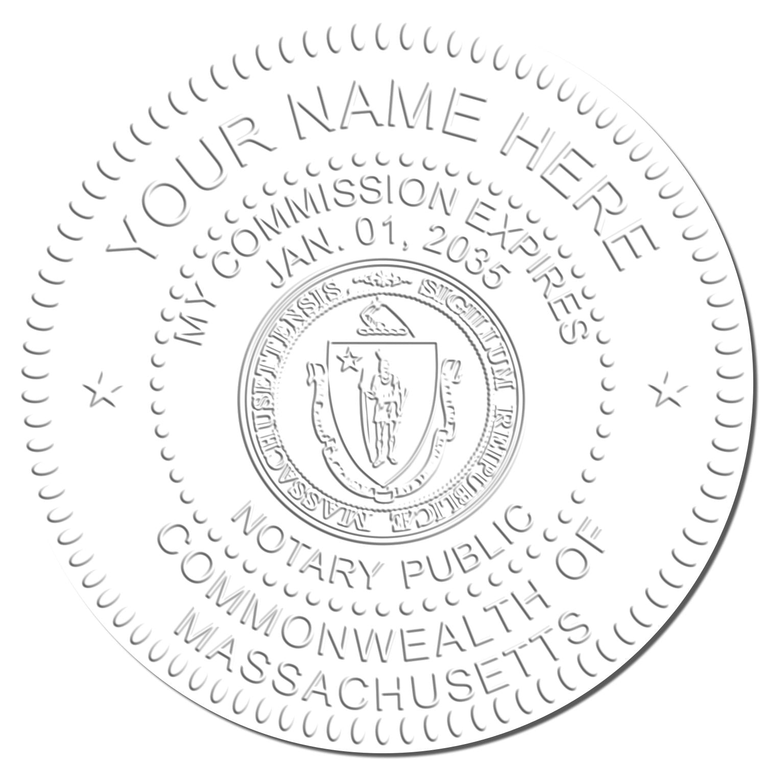 This paper is stamped with a sample imprint of the Massachusetts Handheld Notary Seal Embosser, signifying its quality and reliability.