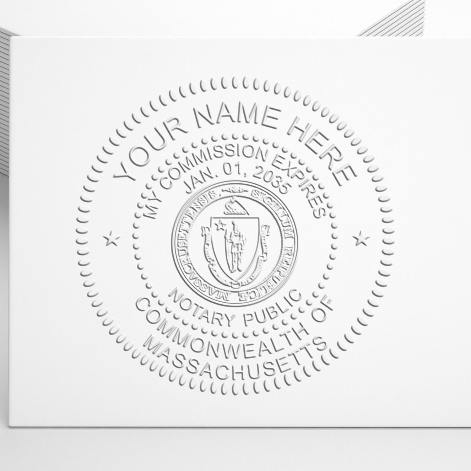 A lifestyle photo showing a stamped image of the Soft Seal Massachusetts Notary Seal on a piece of paper