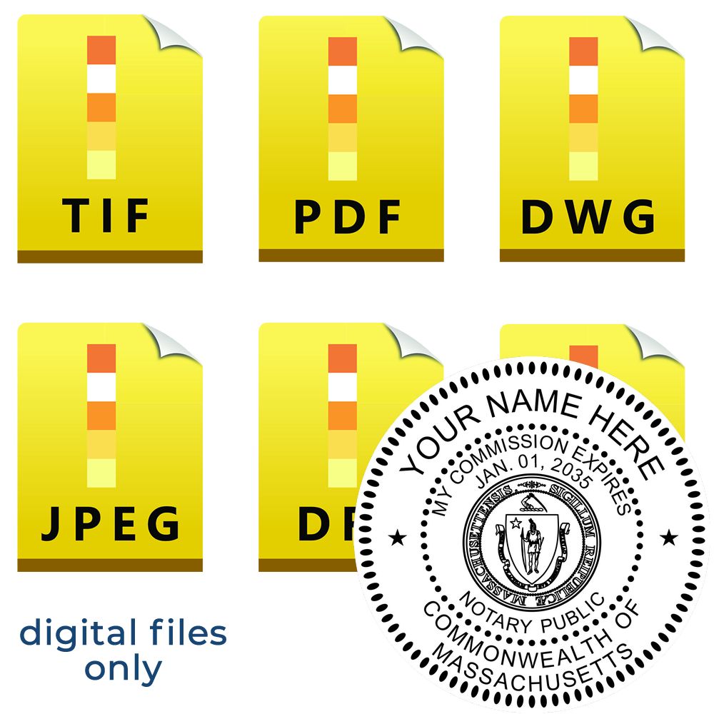 The main image for the Massachusetts Round Electronic Notary Stamp depicting a sample of the imprint and electronic files