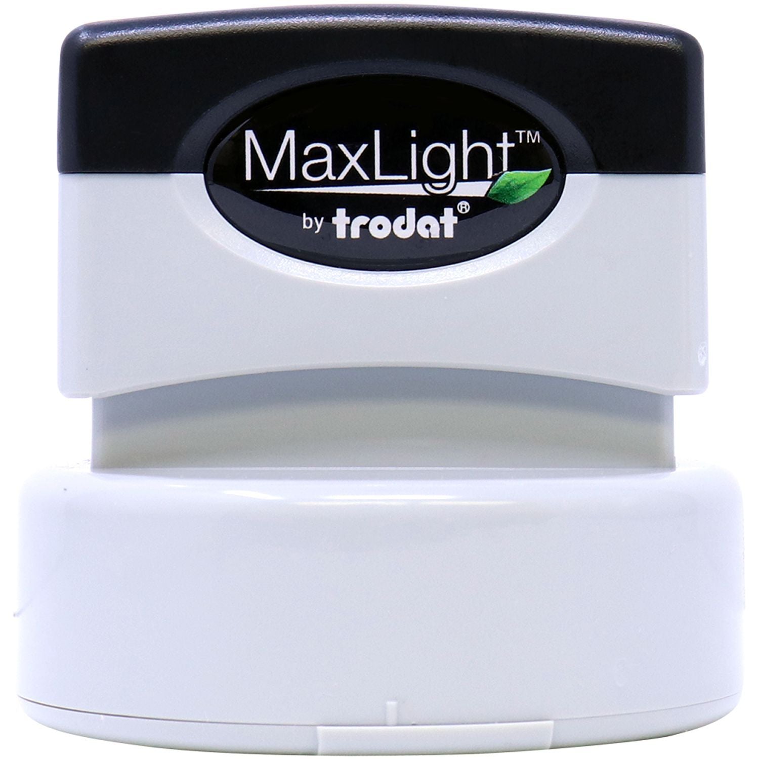 MaxLight XL2-535 Custom Pre-Inked Business Stamp 1-5/8 Diameter, black and white design, by Trodat, shown from the front.