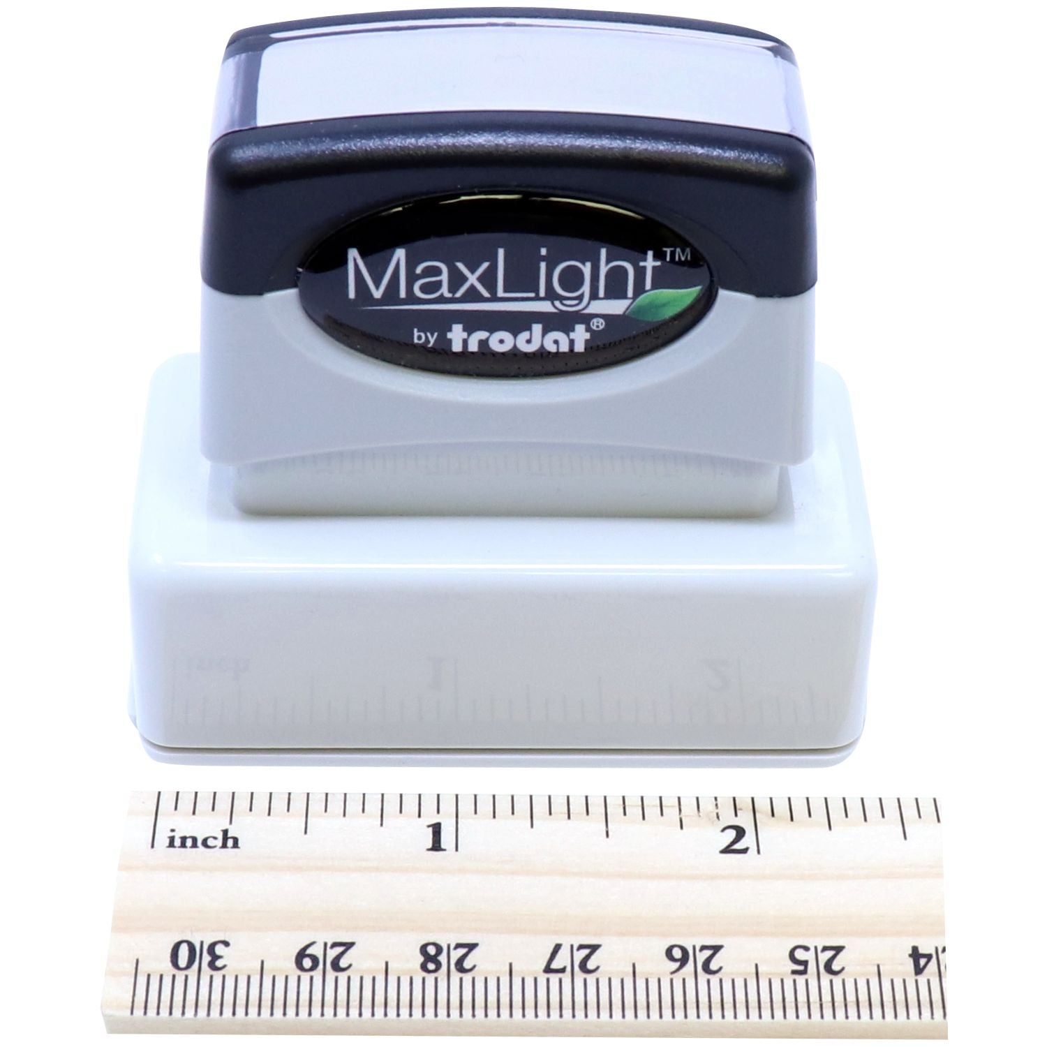 MaxLight XL2-115 Custom Pre-Inked Business Stamp 11/16 x 1-15/16 shown with a ruler for size reference.