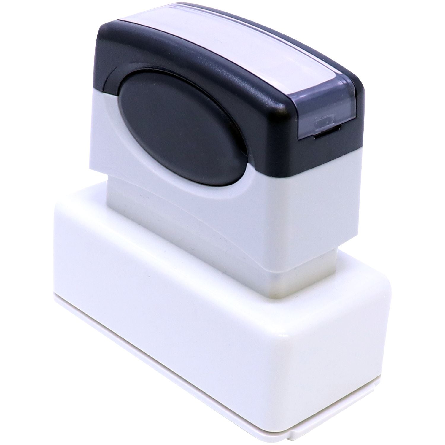 MaxLight XL2-115 Custom Pre-Inked Business Stamp 11/16 x 1-15/16, shown from a top-back angle, featuring a black and white design.