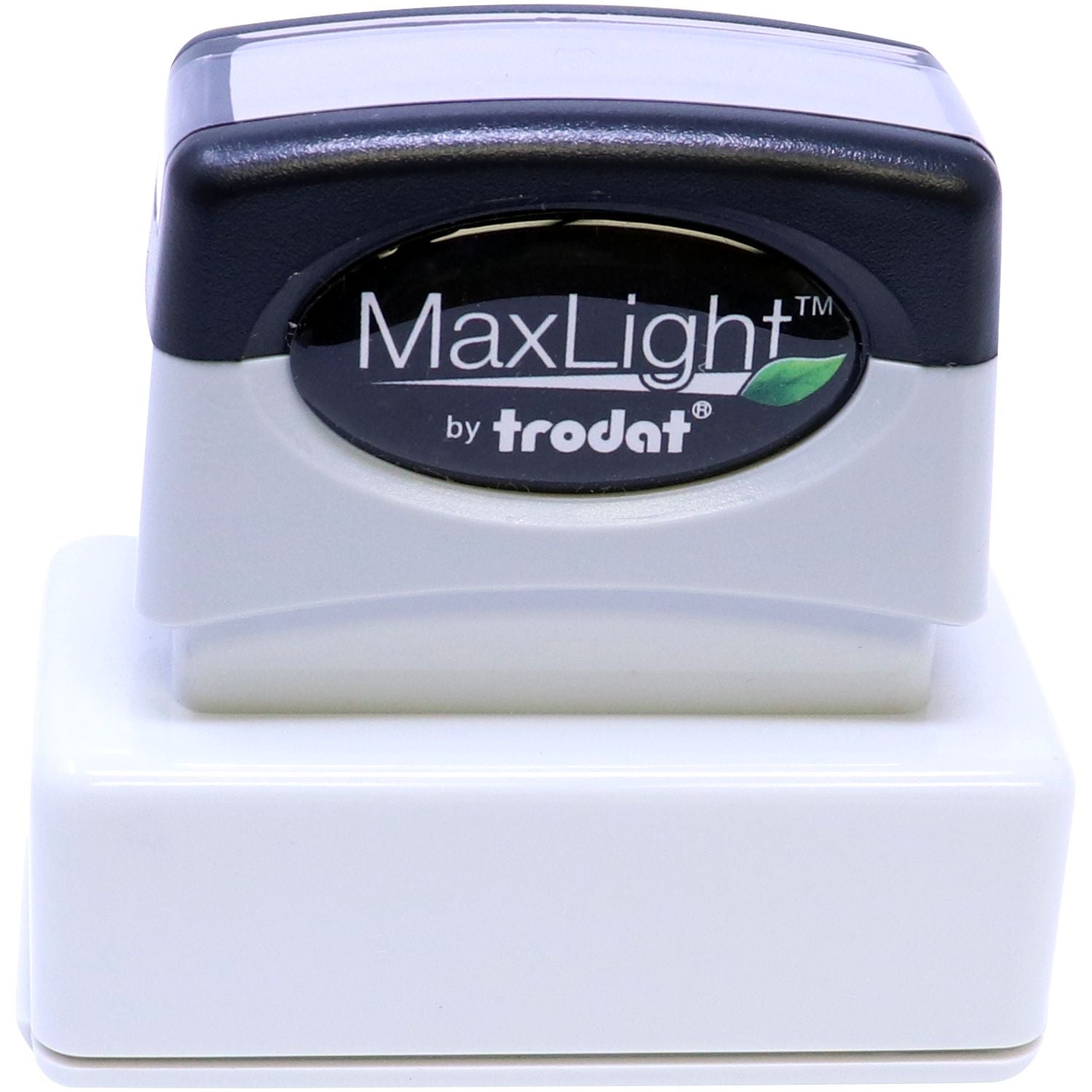 MaxLight XL2-115 Custom Pre-Inked Business Stamp 11/16 x 1-15/16 in black and white, shown from the top front angle.