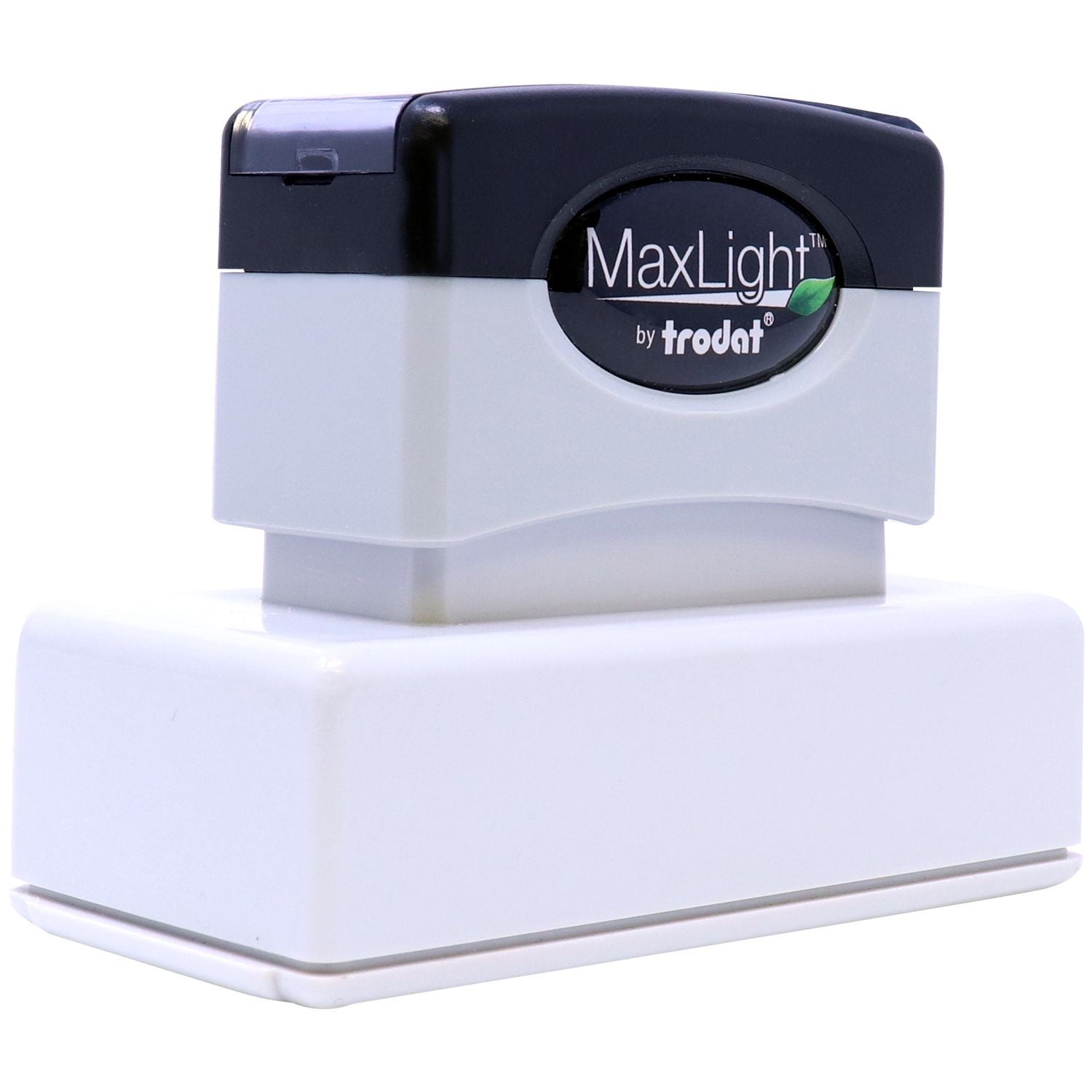 MaxLight Pre-Inked State Seal Notary Stamp by Trodat, shown in a front-angle view with a black and white design, ready for use.