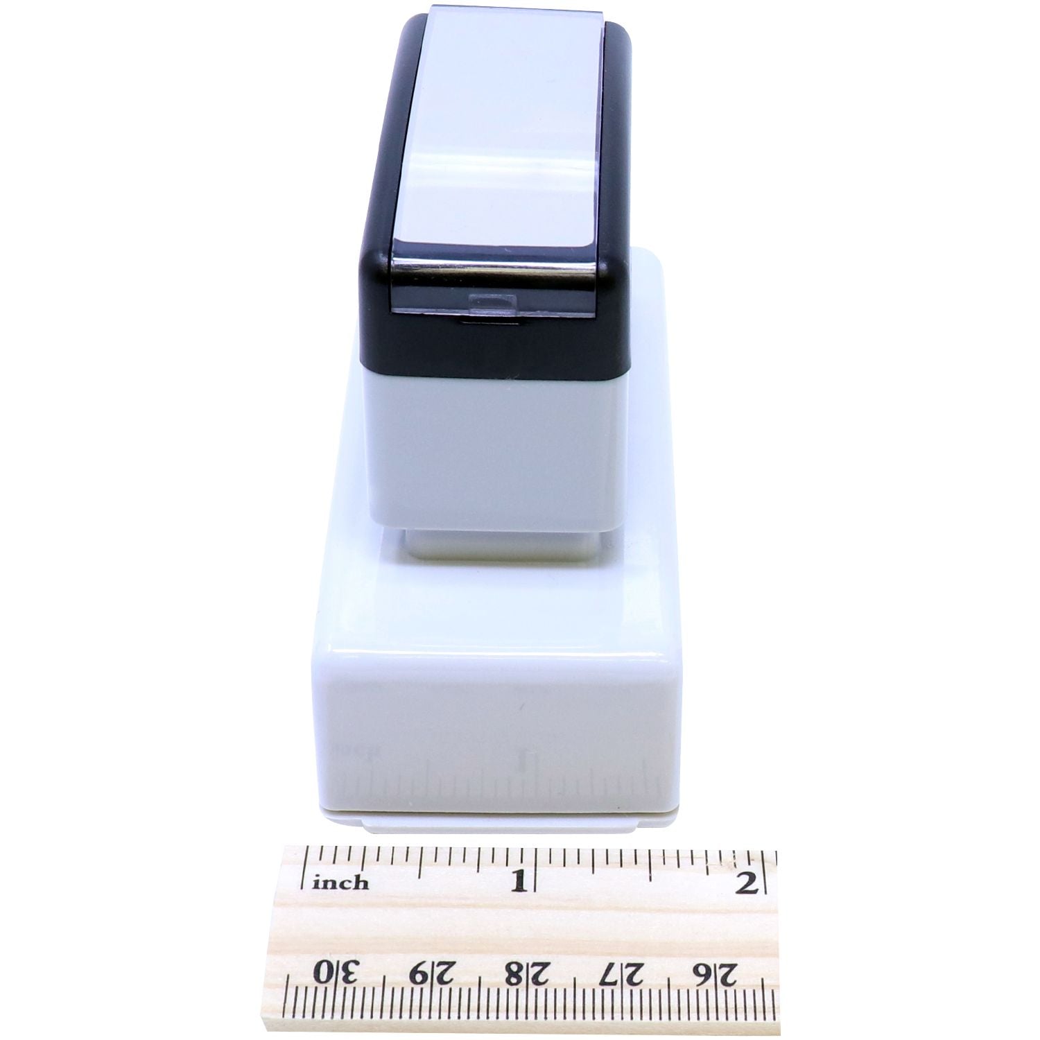 MaxLight Pre-Inked State Seal Notary Stamp in white and black, shown next to a ruler for size reference.