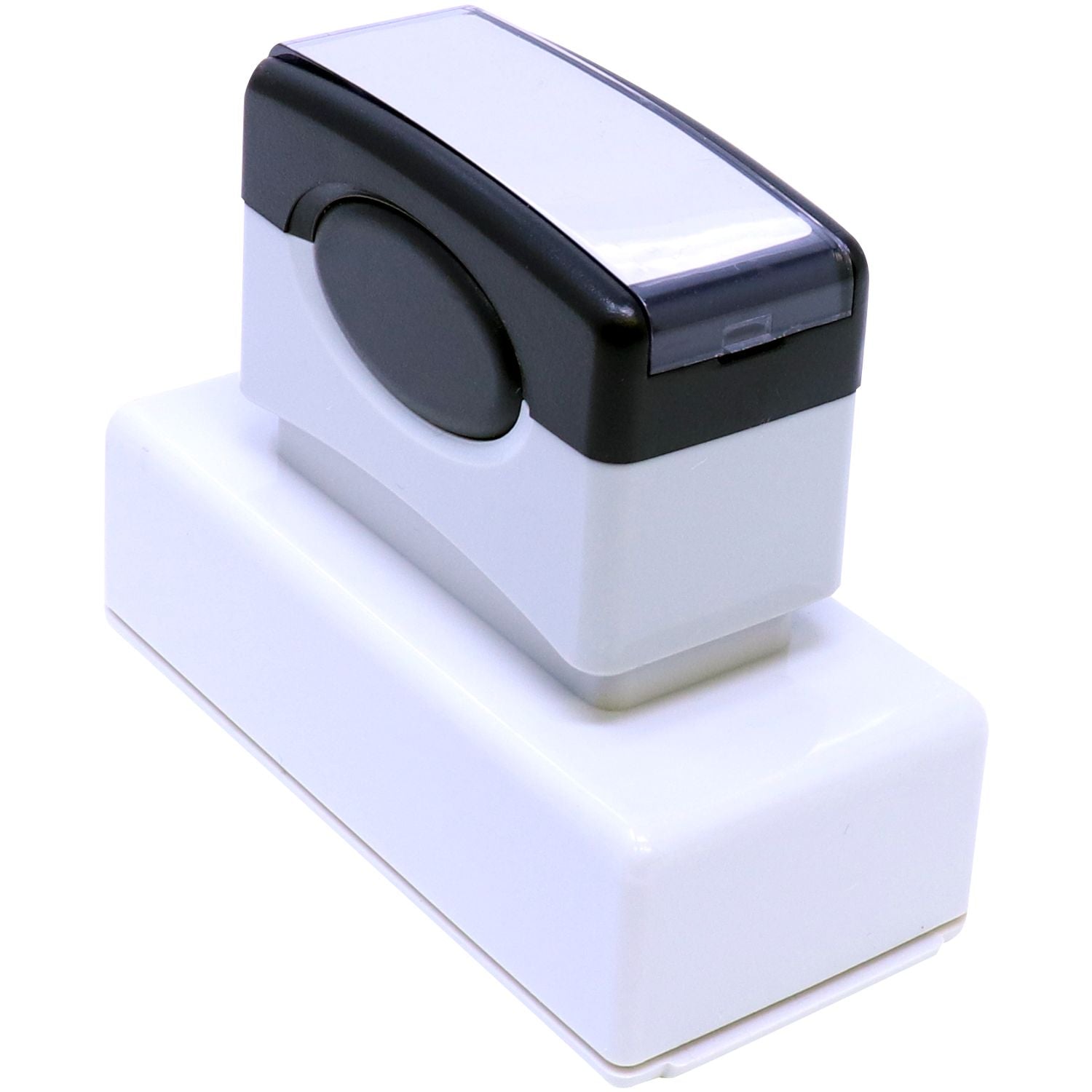 MaxLight XL2-185 Custom Pre-Inked Business Stamp 15/16 x 2-3/4, shown from a top-back angle, featuring a sleek black and white design.