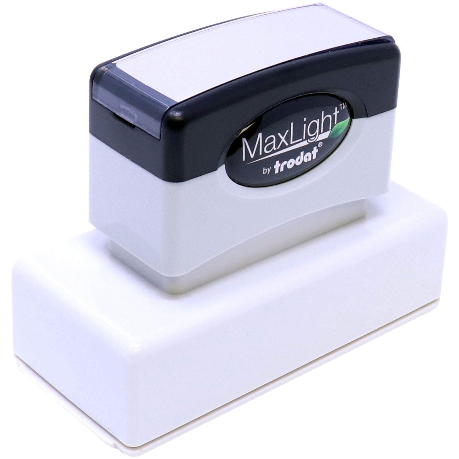 MaxLight Pre-Inked State Seal Notary Stamp in black and white, resting on a white base, with the MaxLight logo visible on the front.