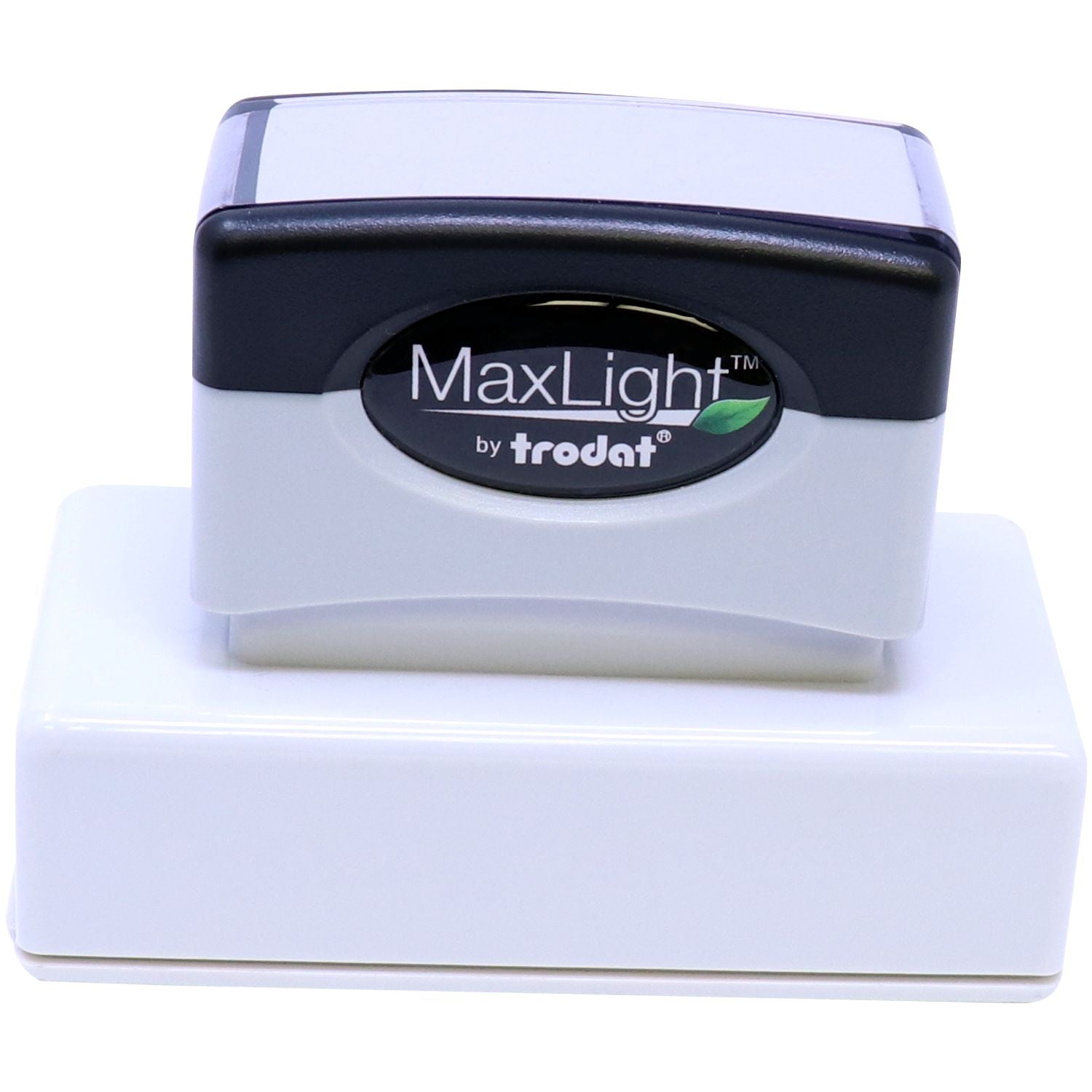 MaxLight Pre-Inked State Seal Notary Stamp by Trodat, shown in black and white, resting on a white base.