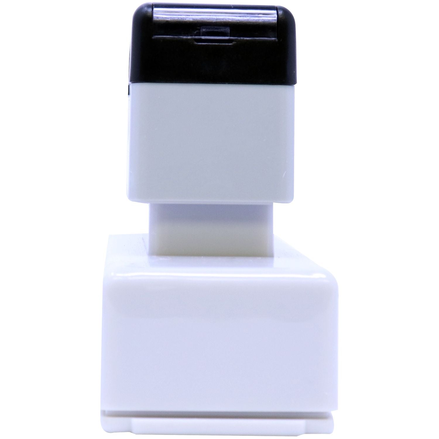 MaxLight Pre-Inked Stamp Identification Notary Stamp, white and black, side view showing the stamp's compact and sleek design.